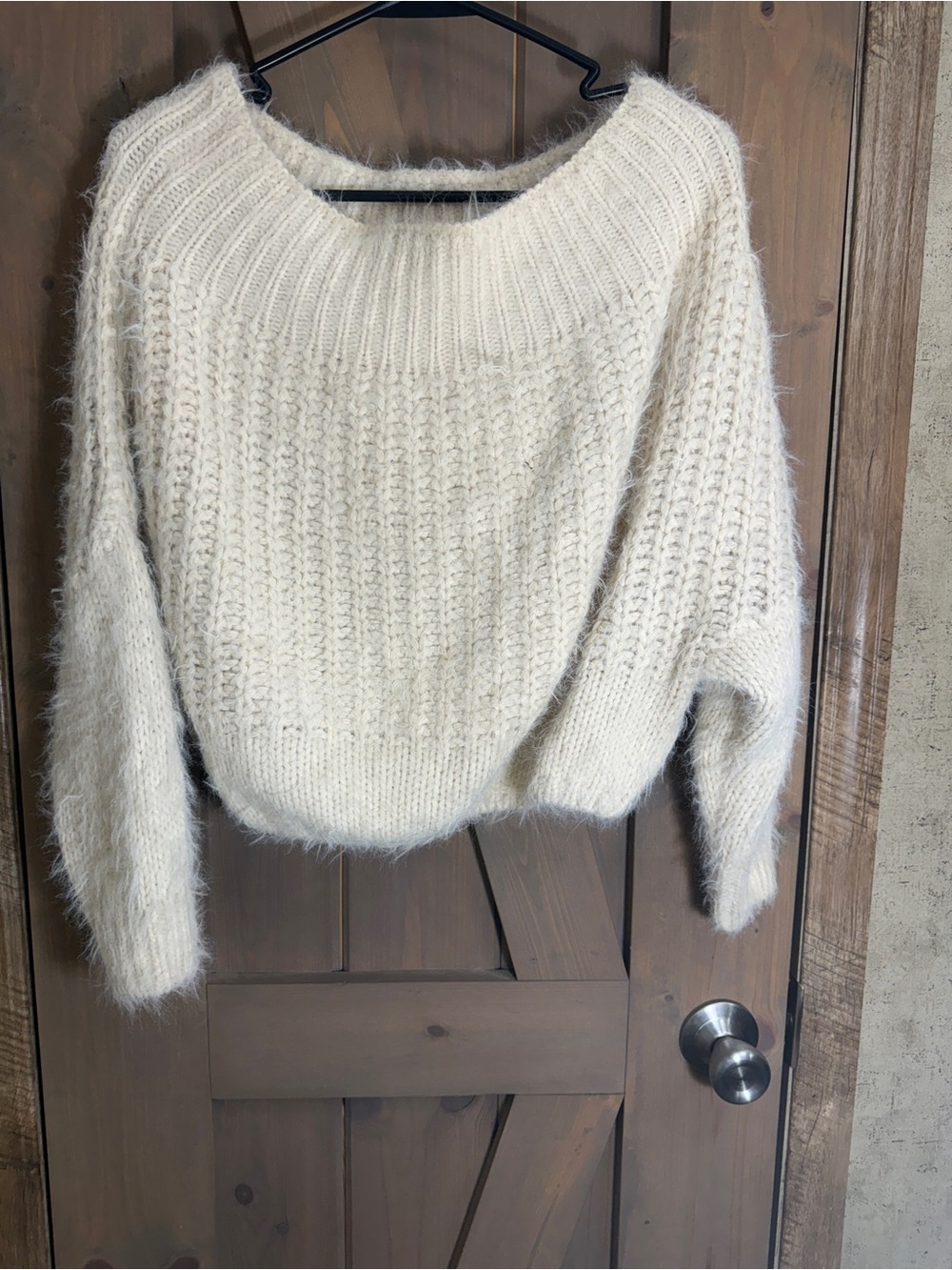 debut Cream Fuzzy Scoop-Neck Knit Sweater